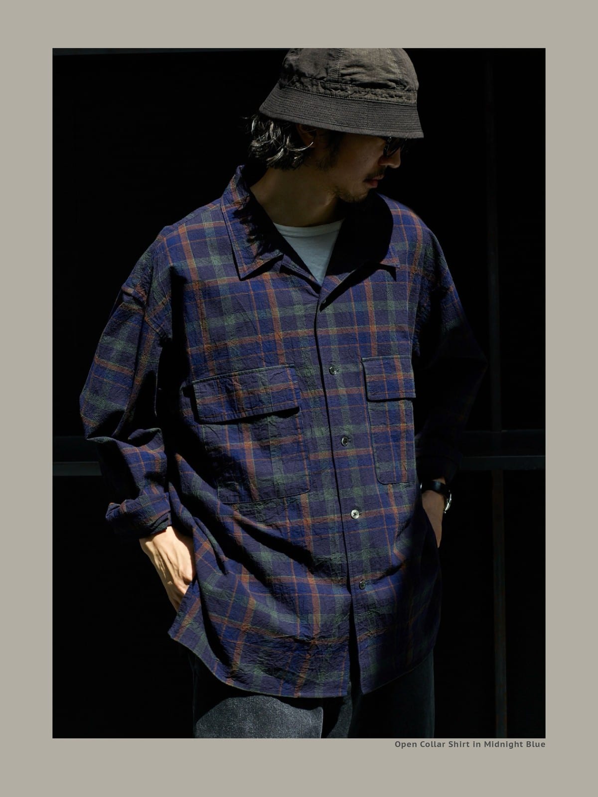 USAGE Washed Crinkle Plaid Open Collar Shirt in Navy Blue - On Male Model