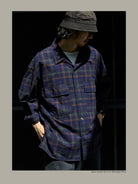 USAGE Washed Crinkle Plaid Open Collar Shirt in Navy Blue - On Male Model