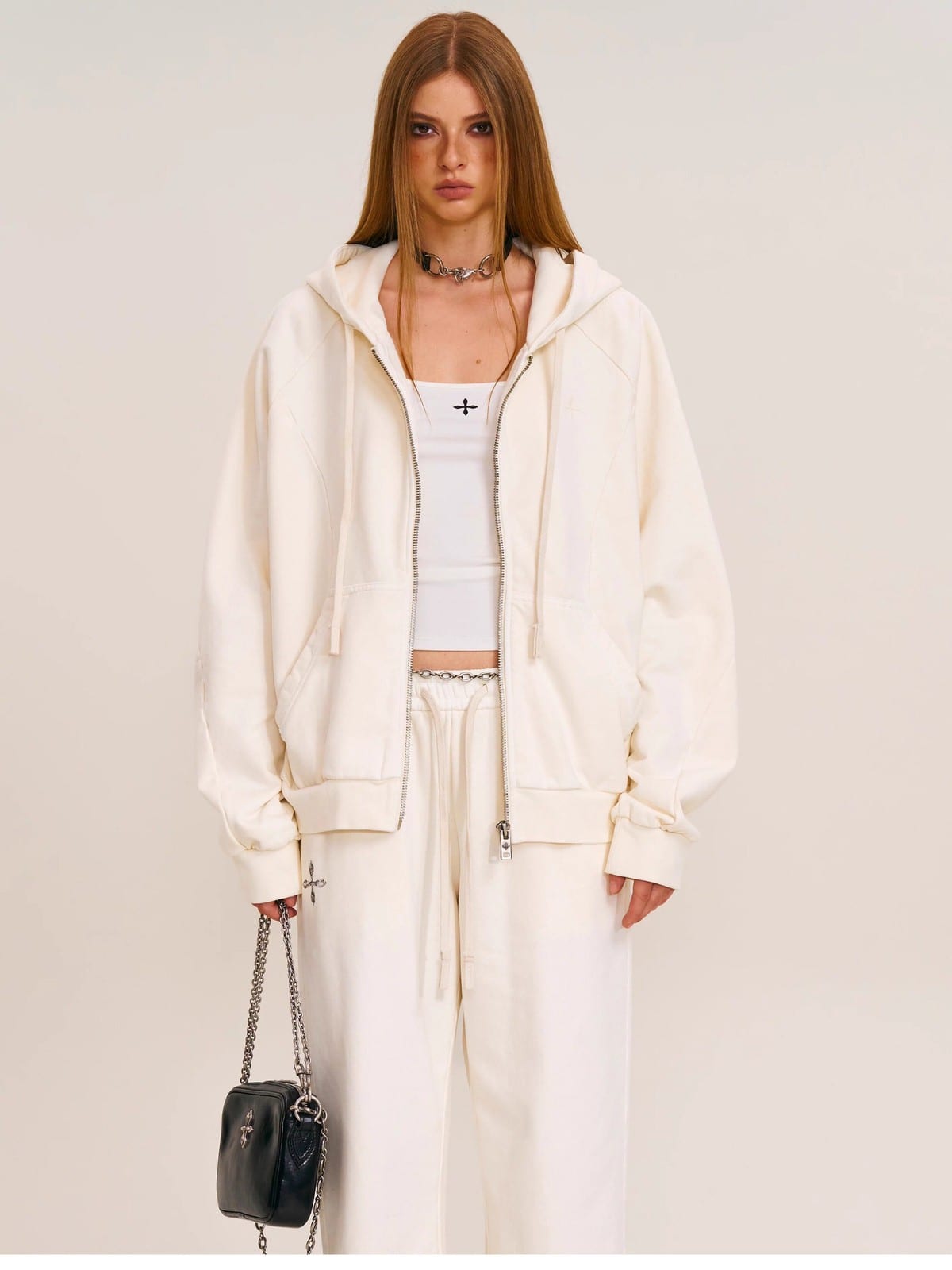 SMFK Washed Cotton Zip Up Hoodie in White - On Female Model