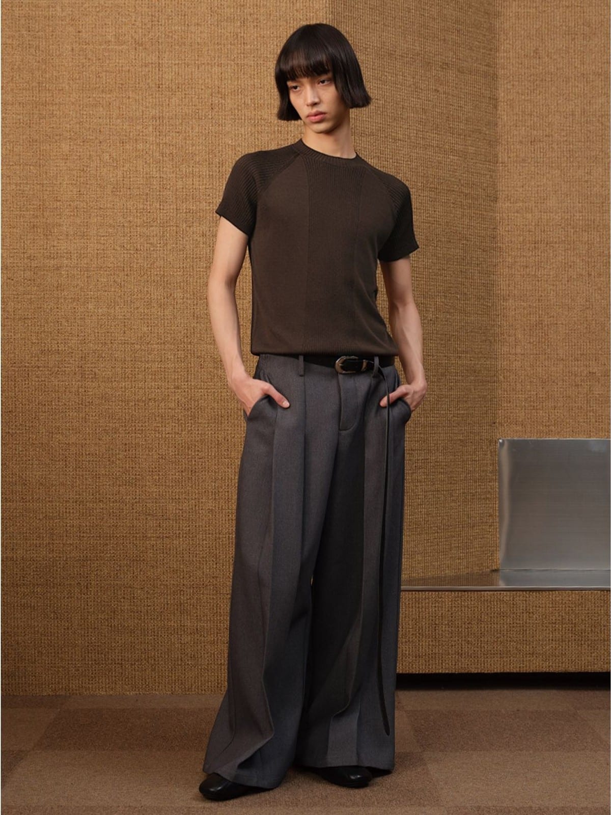 JCAESAR STUDIO Ribbed Ice Silk Raglan T Shirt in Brown - On Male Model