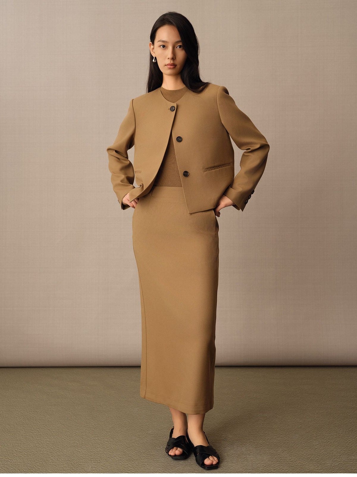TEASEL Worsted Merino Wool Midi Skirt in Brown - On Female Model