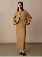 TEASEL Worsted Merino Wool Midi Skirt in Brown - On Female Model