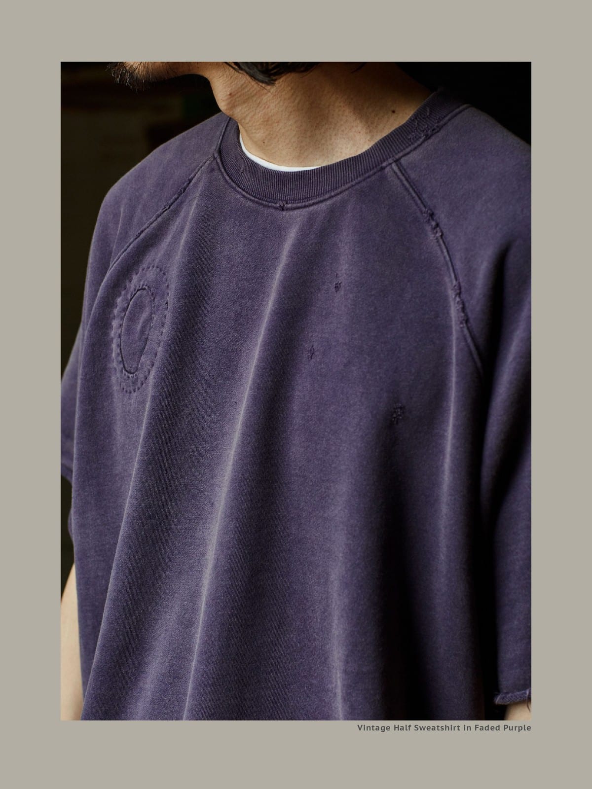 USAGE Vintage Wash Distressed Short Sleeve Sweatshirt in Purple - On Male Model