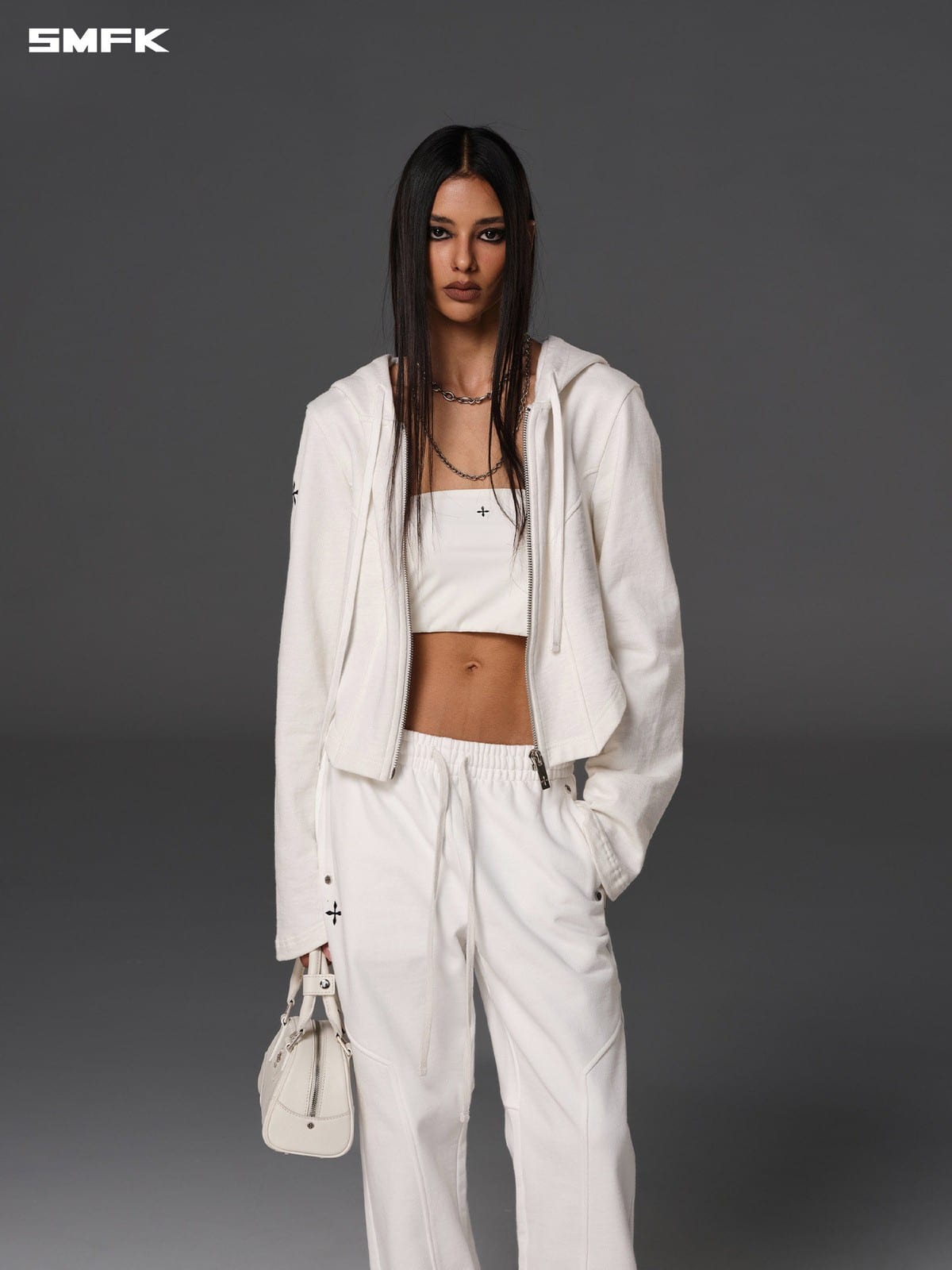 SMFK Cotton Blend Zip Up Hoodie in White - On Female Model