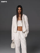 SMFK Cotton Blend Zip Up Hoodie in White - On Female Model