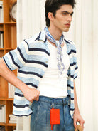 Retro 21 Irregular Pleated Vintage Print Scarf in Blue - On Male Model