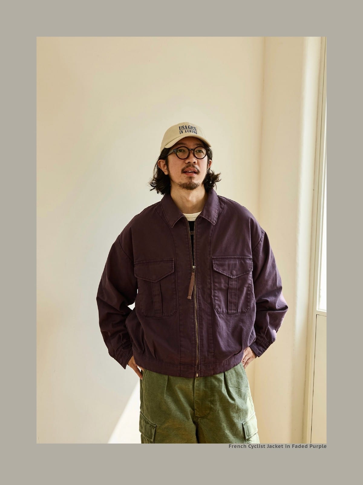 USAGE Heavyweight Canvas Cropped Workwear Jacket in Purple - On Male Model