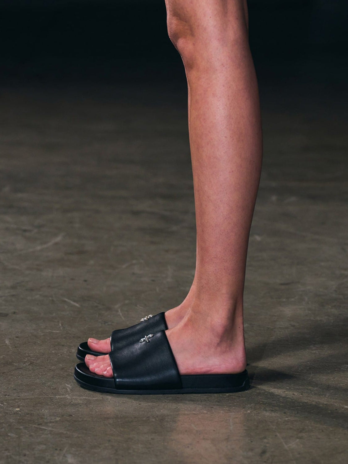 SMFK Leather Cross Detail Slide Sandals in Black - On Model
