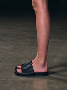 SMFK Leather Cross Detail Slide Sandals in Black - On Model