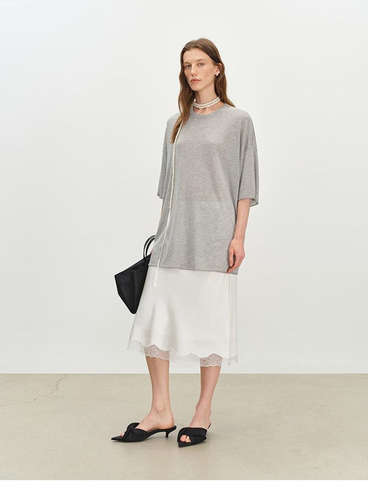 MSBEAST Sheer Lyocell Cashmere Half Sleeve T Shirt in Gray - On Female Model