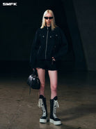 SMFK Cotton Cargo Track Jacket in Black - On Female Model