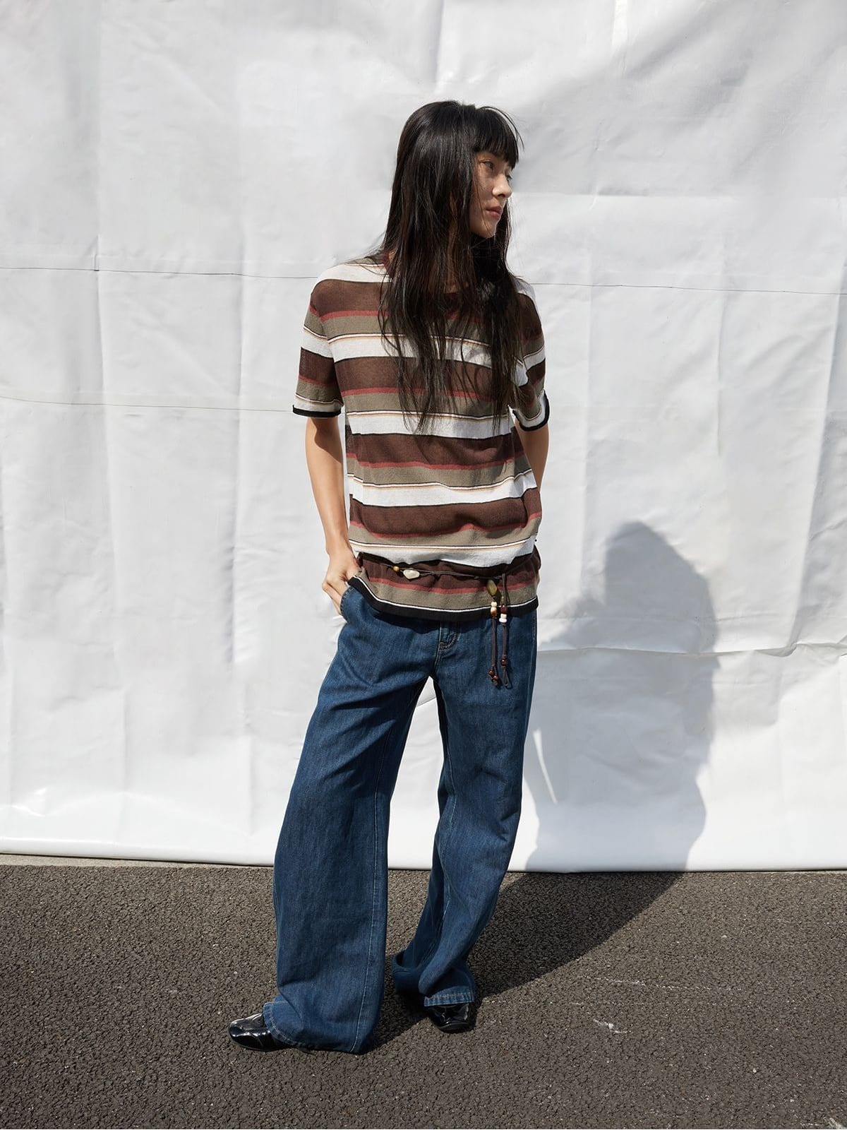 Random Piece Semi Sheer Striped Knit Top in Brown - On Female Model