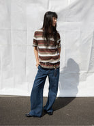 Random Piece Semi Sheer Striped Knit Top in Brown - On Female Model