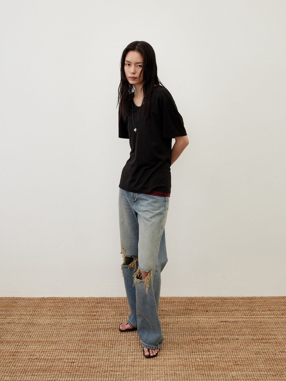 Random Piece Linen Blend U Neck T Shirt in Black - On Female Model