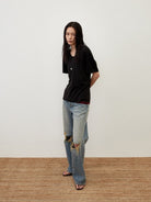 Random Piece Linen Blend U Neck T Shirt in Black - On Female Model
