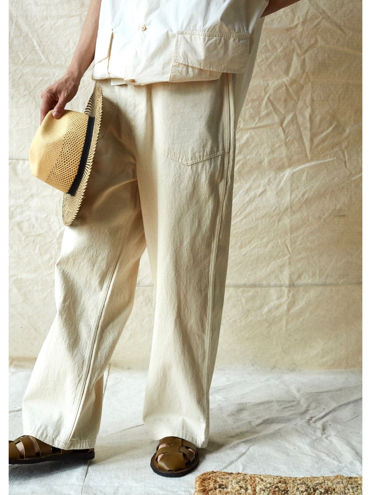 USAGE Vintage Neppy Cotton Straight Leg Jeans in Cream - On Model