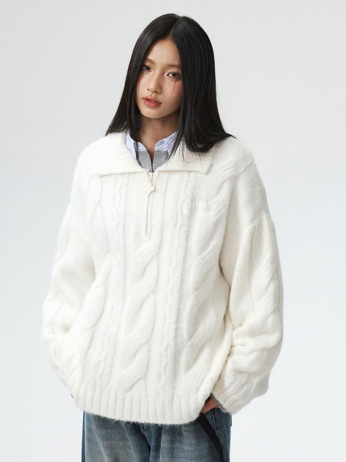 MEDM Cable Knit Quarter Zip Sweater in White - On Female Model