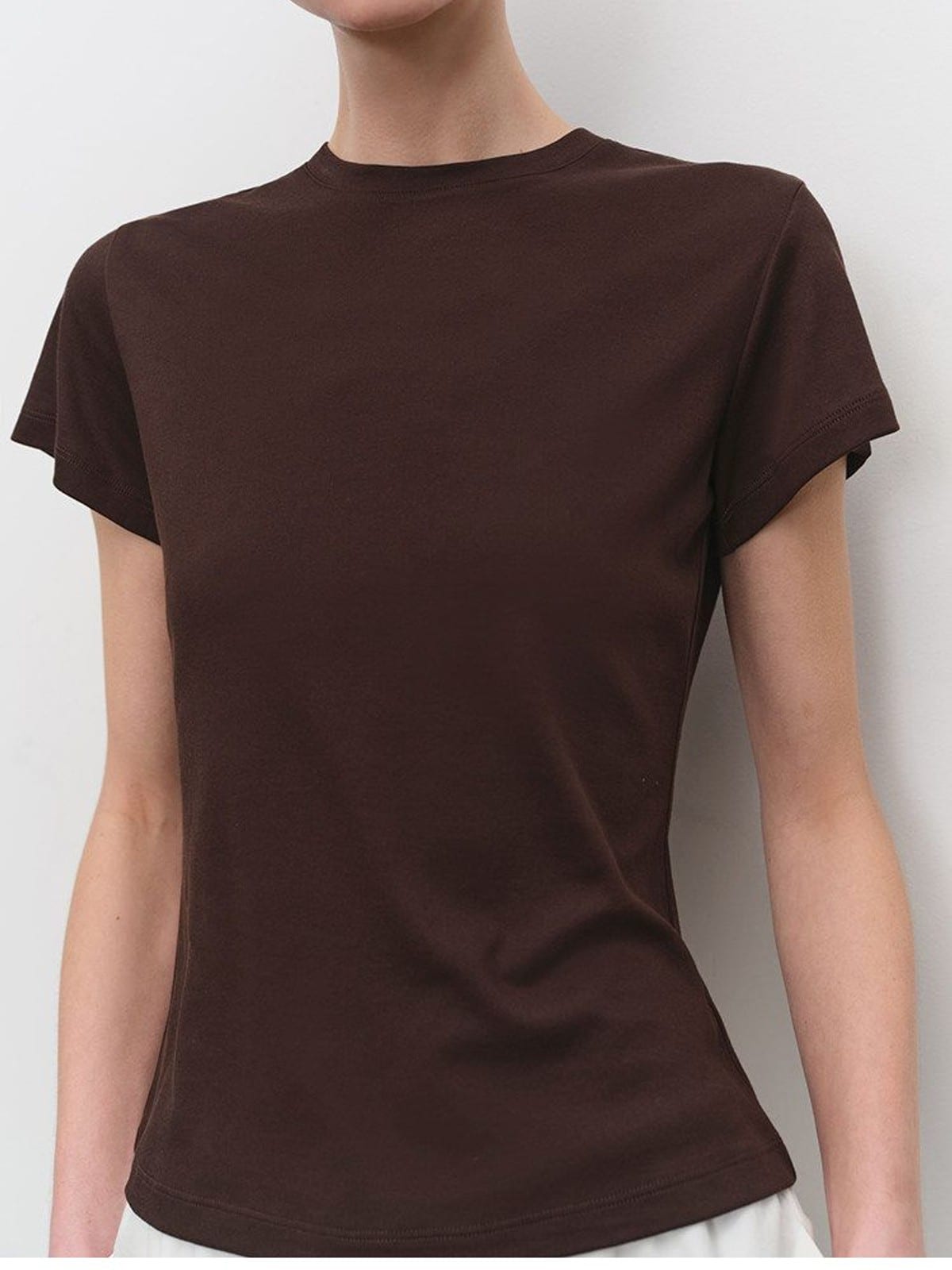 MSBEAST Acetate Cotton Flutter Sleeve T Shirt in Brown - On Female Model