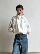 RARELY ALIKE Adjustable Collar Balloon Sports Jacket in White - On Female Model
