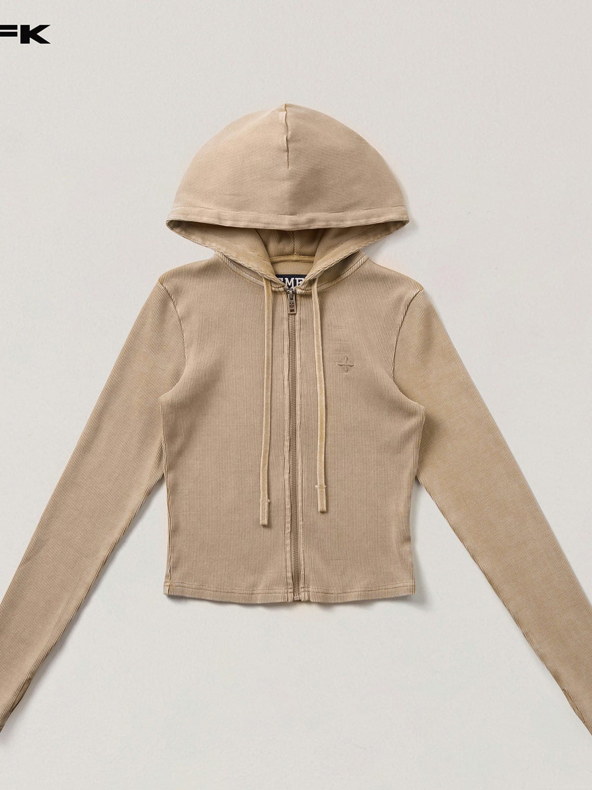 SMFK Vintage Wash Zip Up Cotton Hoodie in Beige