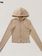 SMFK Vintage Wash Zip Up Cotton Hoodie in Beige