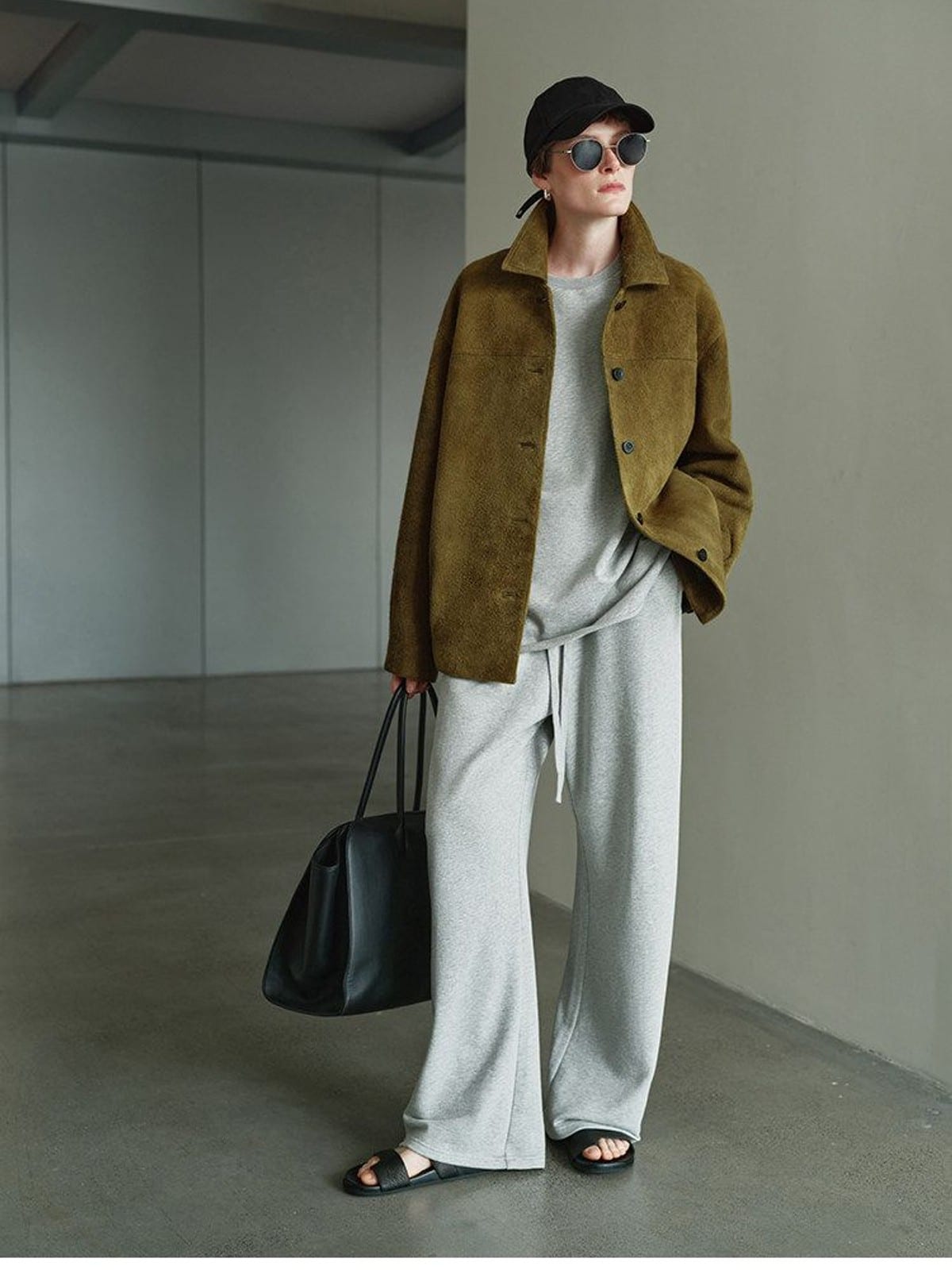 MSBEAST Cotton Terry Sweatshirt Tapered Joggers in Gray - On Female Model