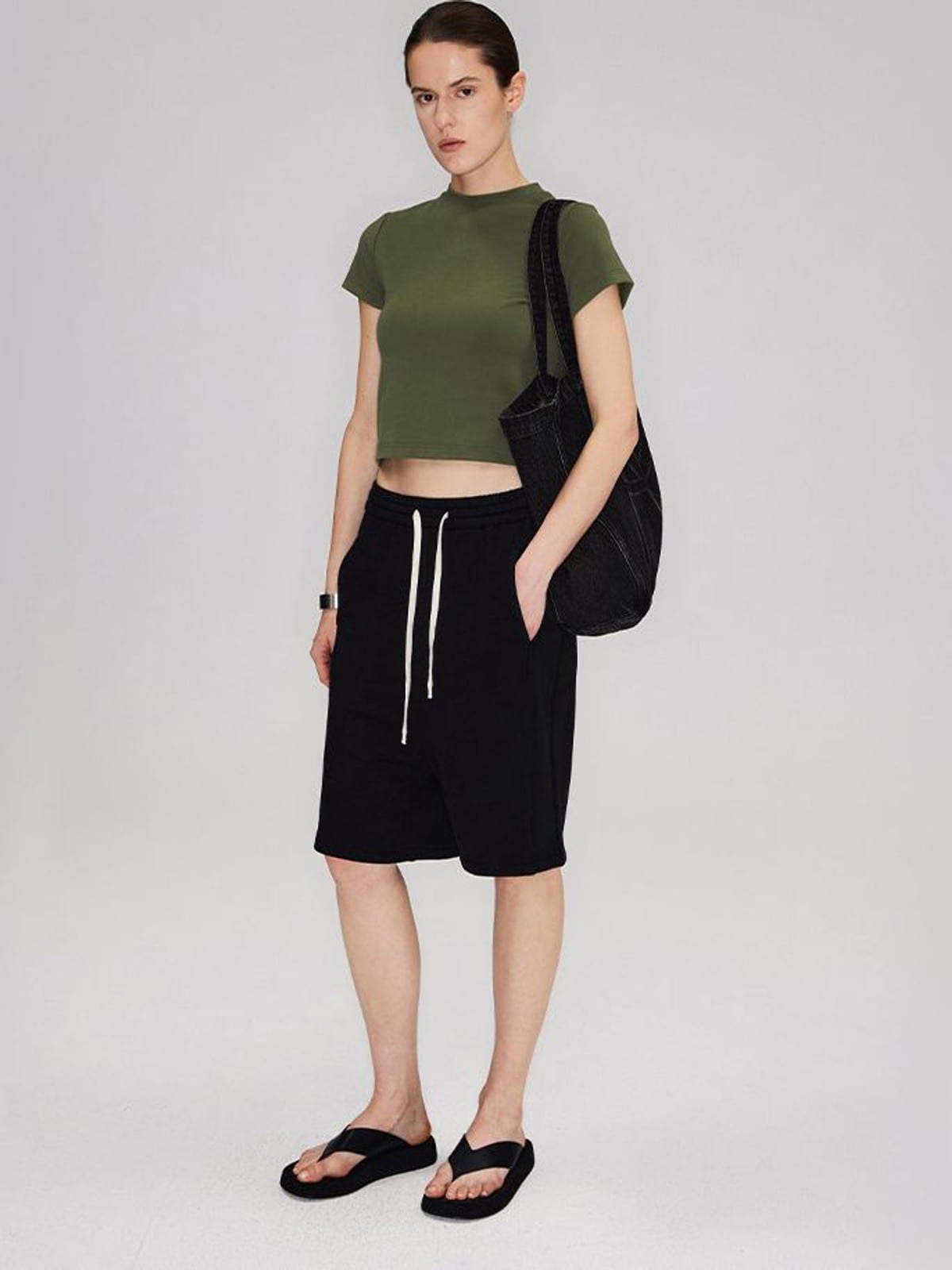 RARELY ALIKE Cotton Drawstring Sweat Shorts in Black - On Female Model