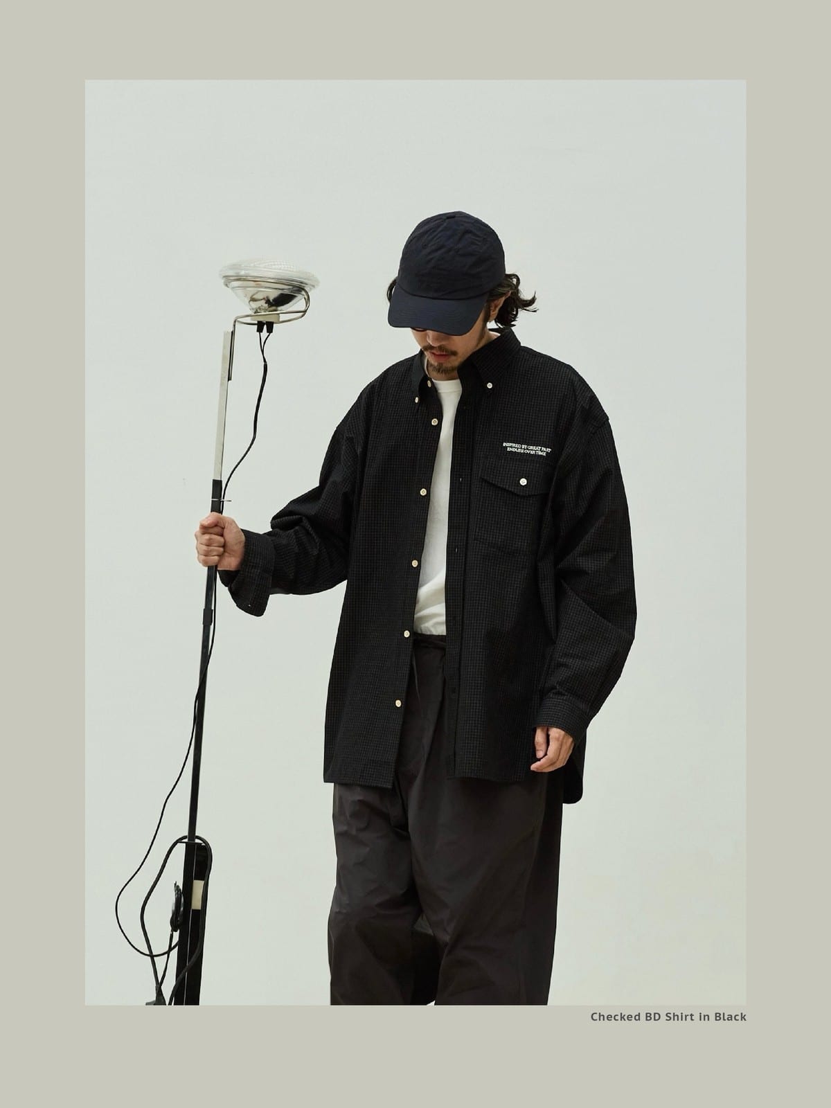 USAGE Oversized Micro Check Button Down Shirt in Black - On Male Model