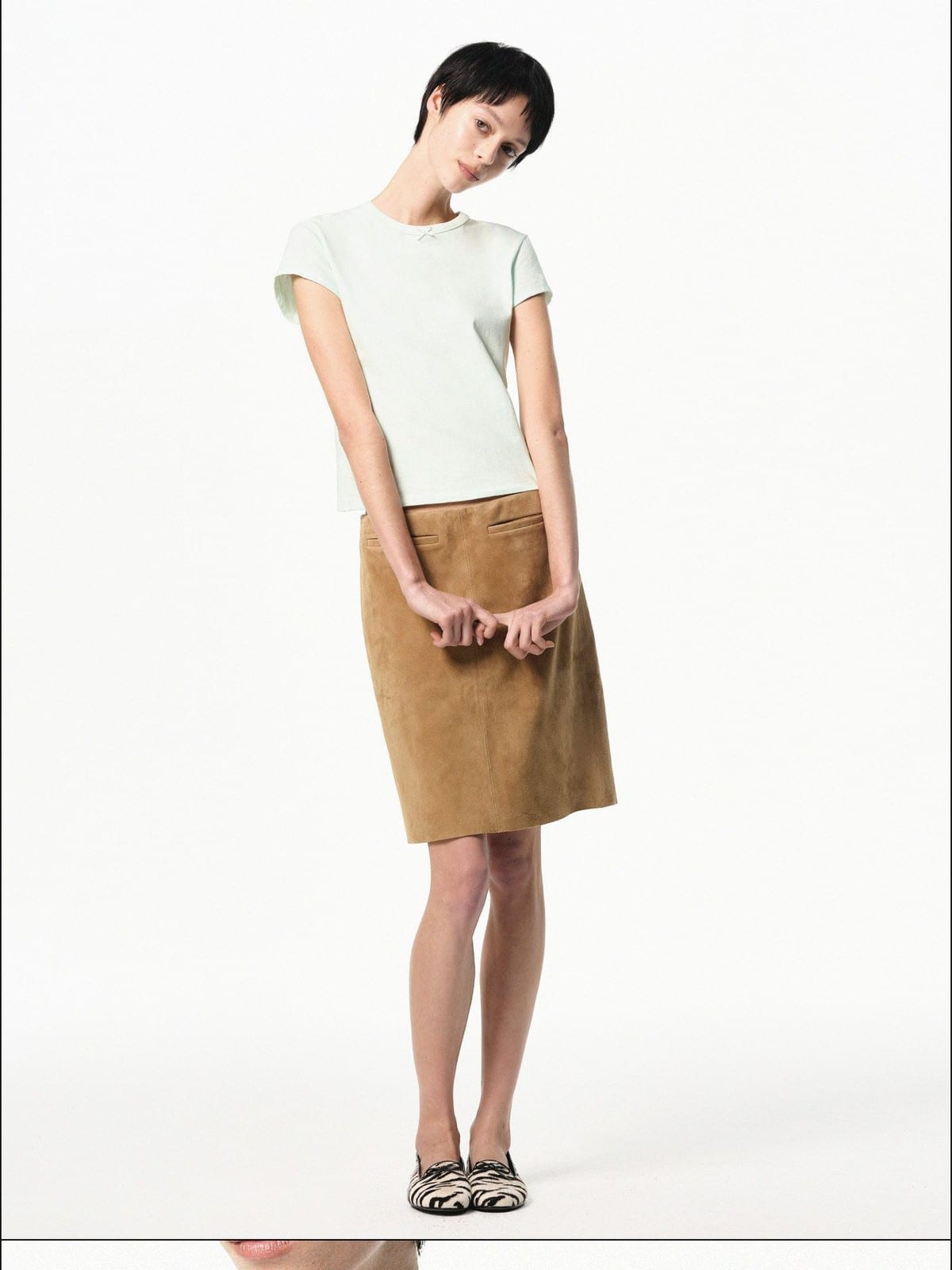 RARELY ALIKE Cotton Bowknot Crewneck T Shirt in Mint - On Female Model