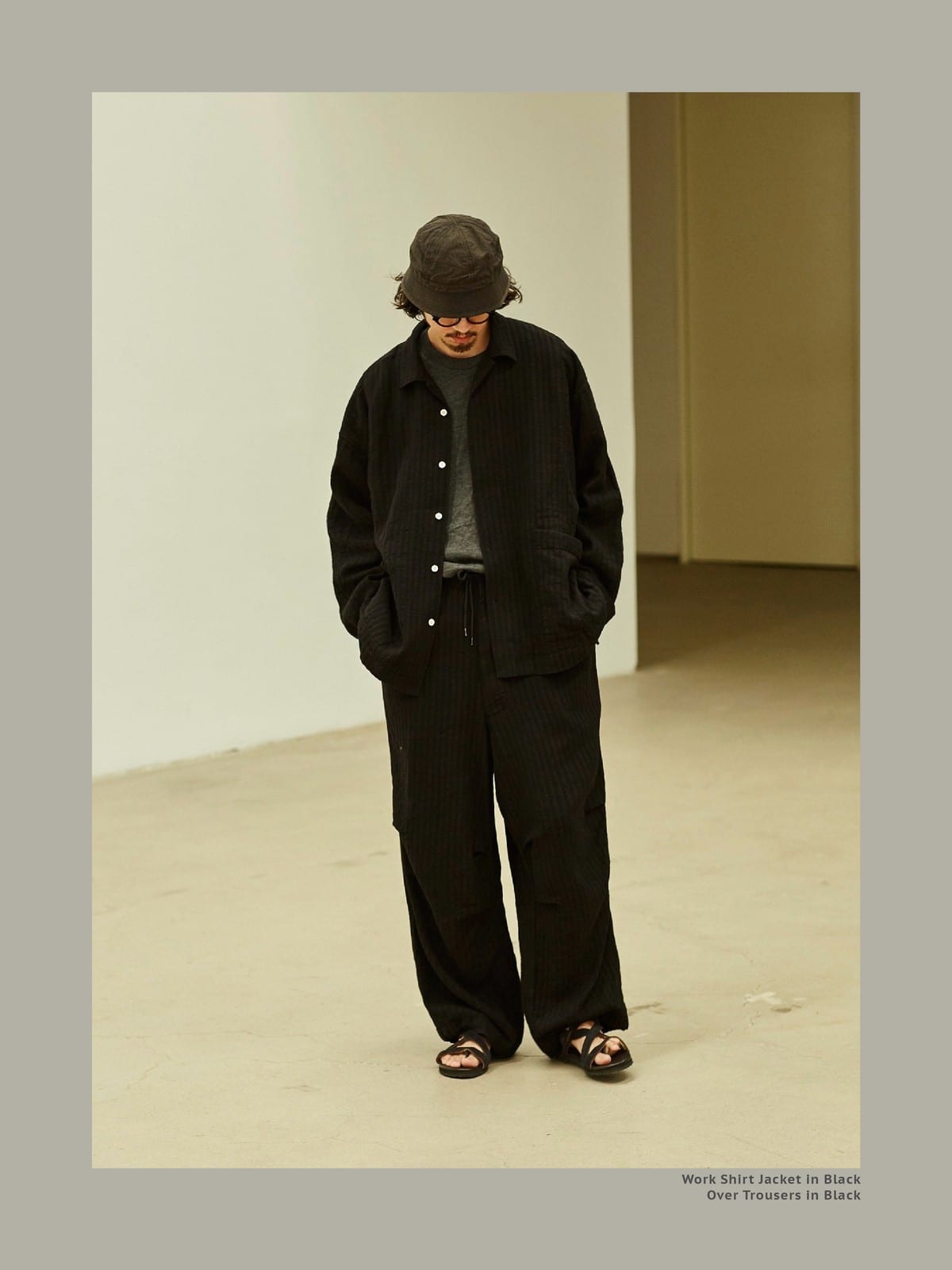 USAGE Textured Cotton Ramie Work Shirt in Black - On Male Model