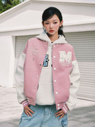 MEDM Pearl Embellished Varsity Jacket in Pink - On Female Model
