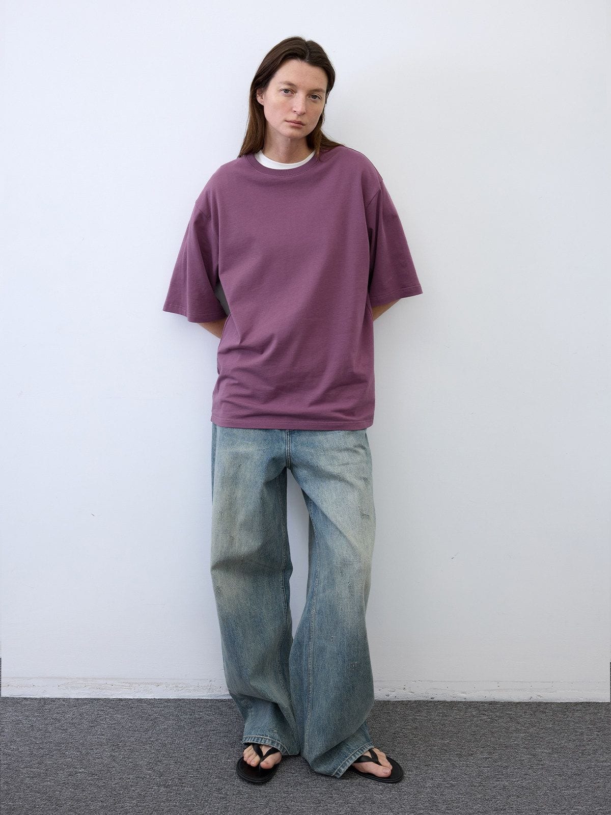 Random Piece Cotton Drop Shoulder T Shirt in Purple - On Female Model