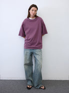 Random Piece Cotton Drop Shoulder T Shirt in Purple - On Female Model