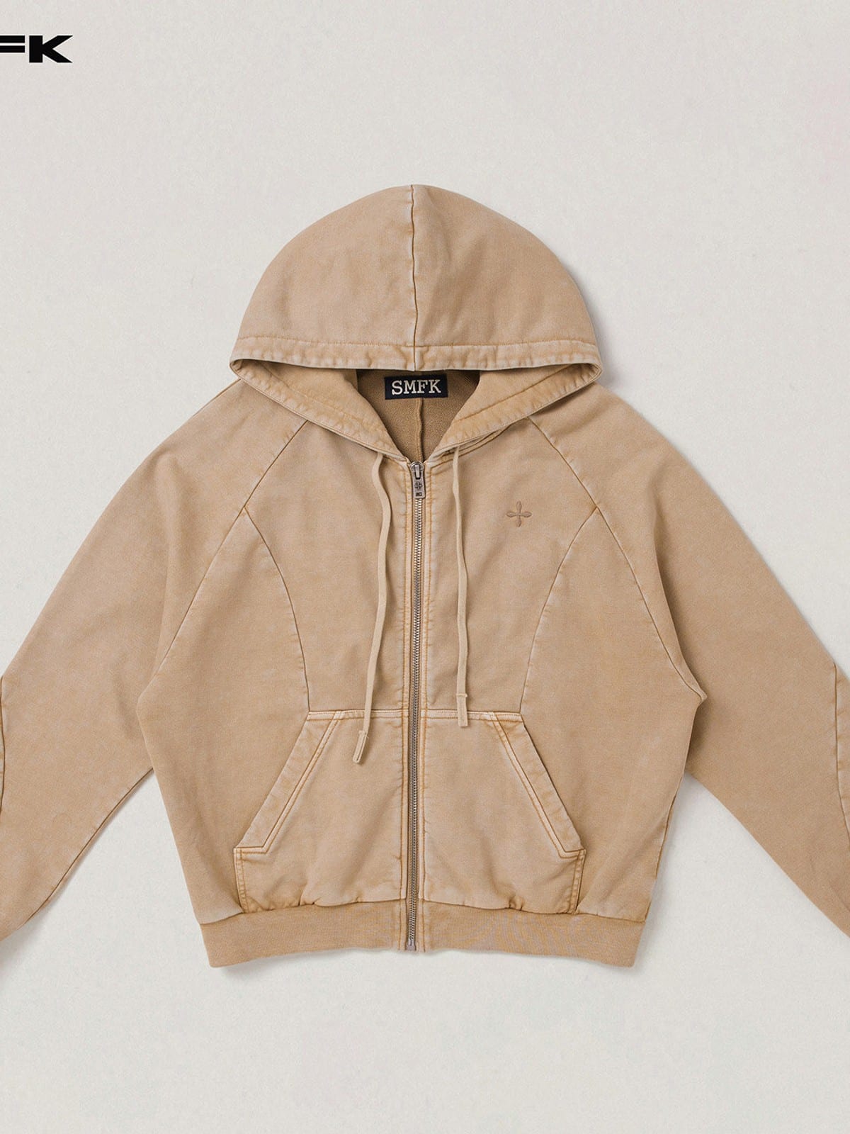 SMFK Distressed Washed Cotton Zip Up Hoodie in Beige