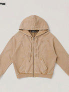 SMFK Distressed Washed Cotton Zip Up Hoodie in Beige