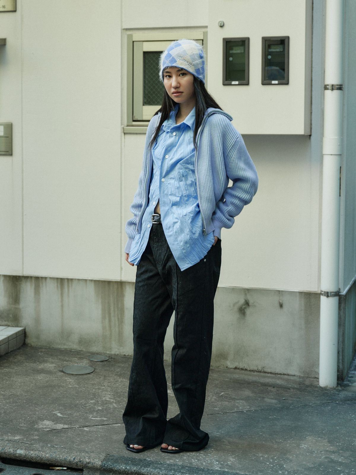 Retro 21 Ribbed Wool Blend Zip Cardigan in Sky Blue - On Female Model