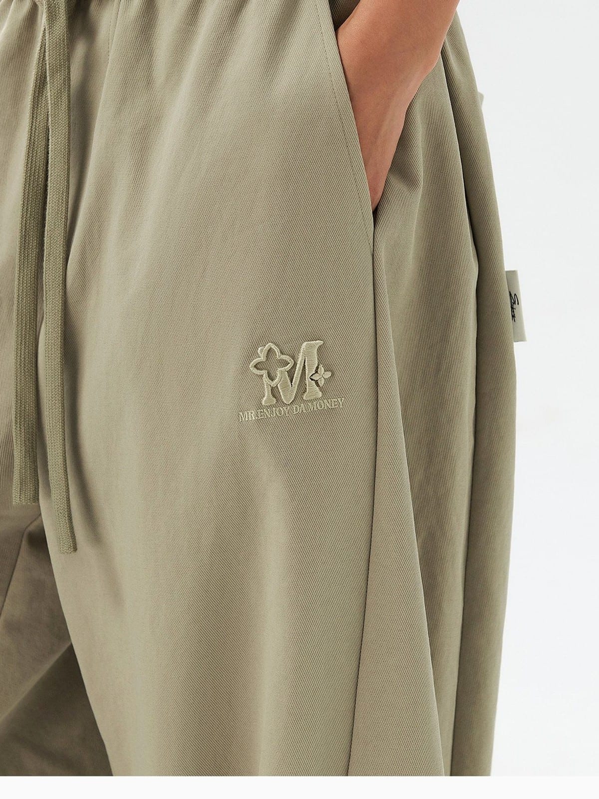 MEDM Spliced Drawstring Wide Leg Trousers in Beige - On Model