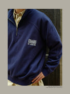 USAGE Heavyweight Cotton Half Zip Sweatshirt in Navy Blue - On Model