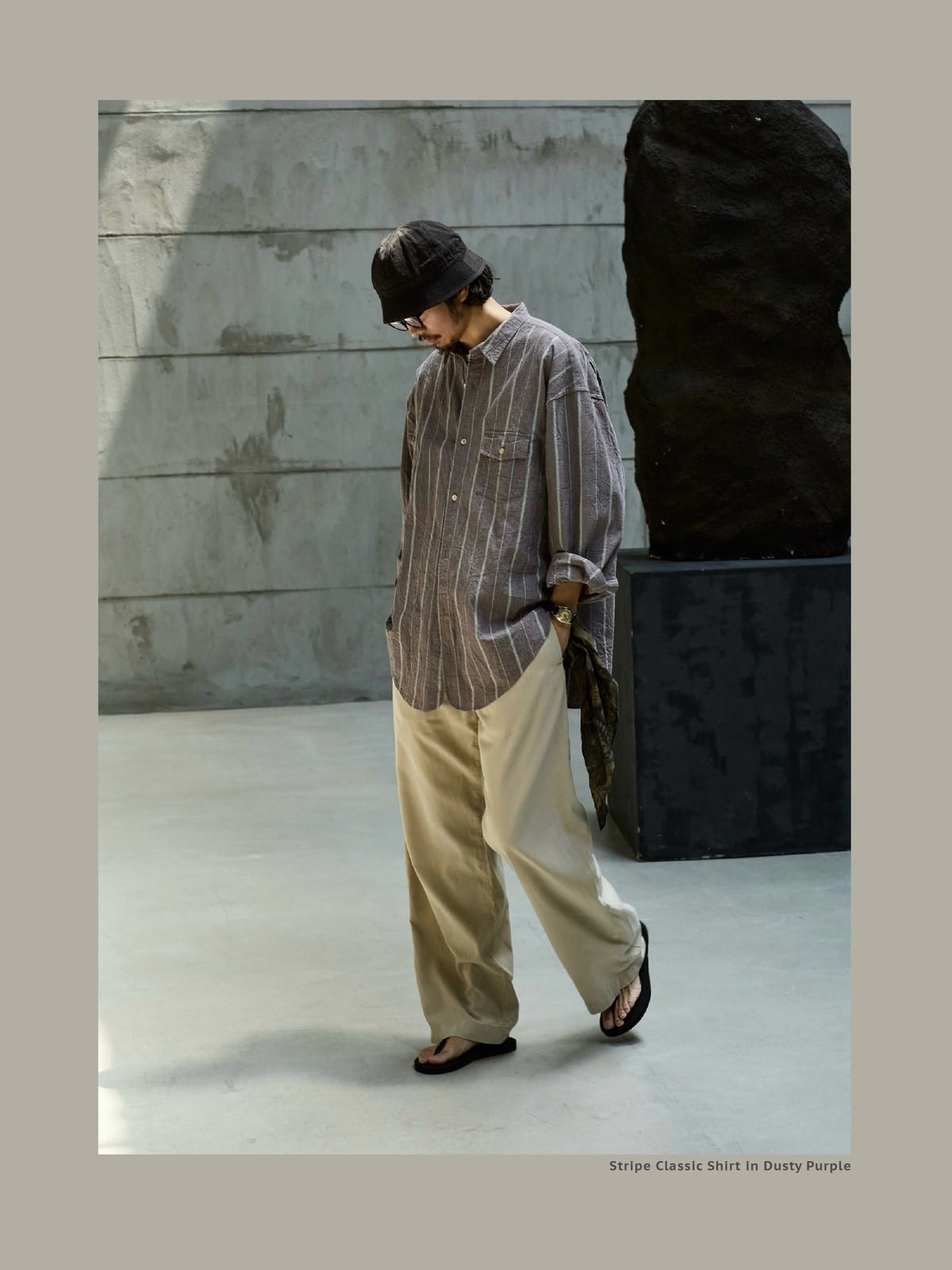 USAGE Crinkled Cotton Striped Button Down in Gray - On Male Model
