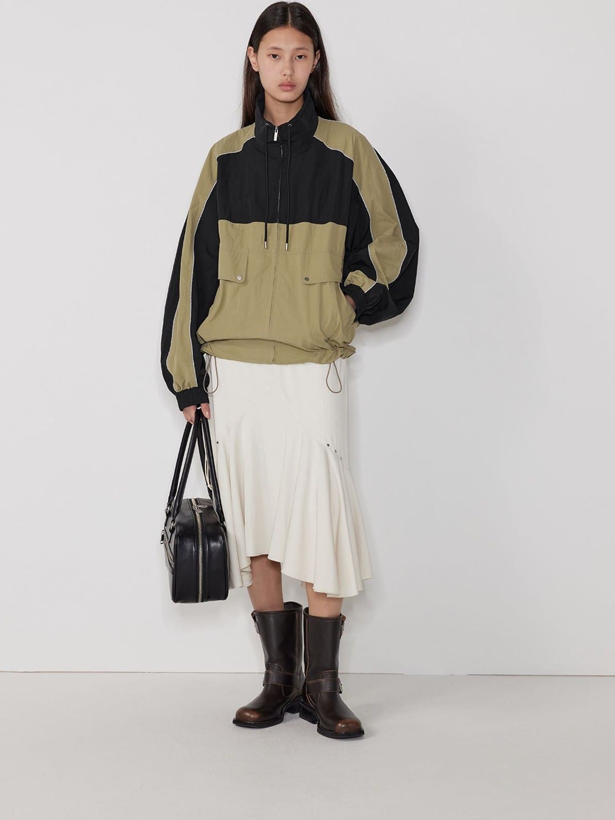 Random Piece Color Block Stand Collar Jacket in Beige - On Female Model