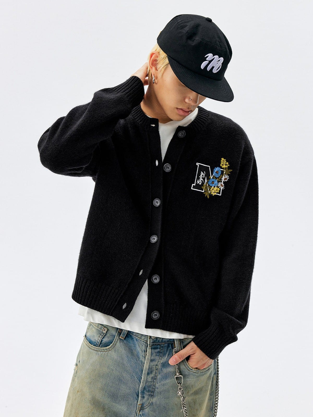 MEDM Floral Embroidered Knit Cardigan in Black - On Male Model