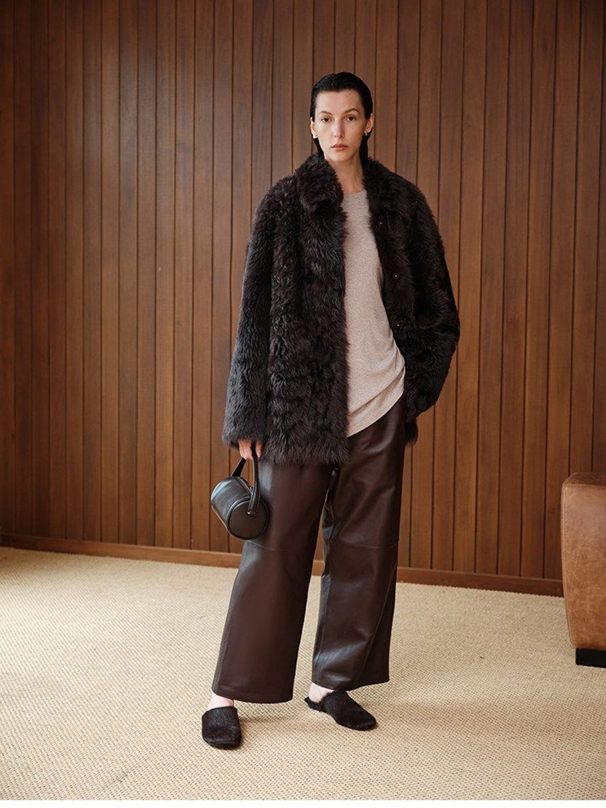 MSBEAST Cropped Wide Leg Leather Trousers in Brown - On Female Model
