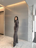 MSBEAST Half Zip Hoodie Wide Leg Pants Set in Gray - On Female Model
