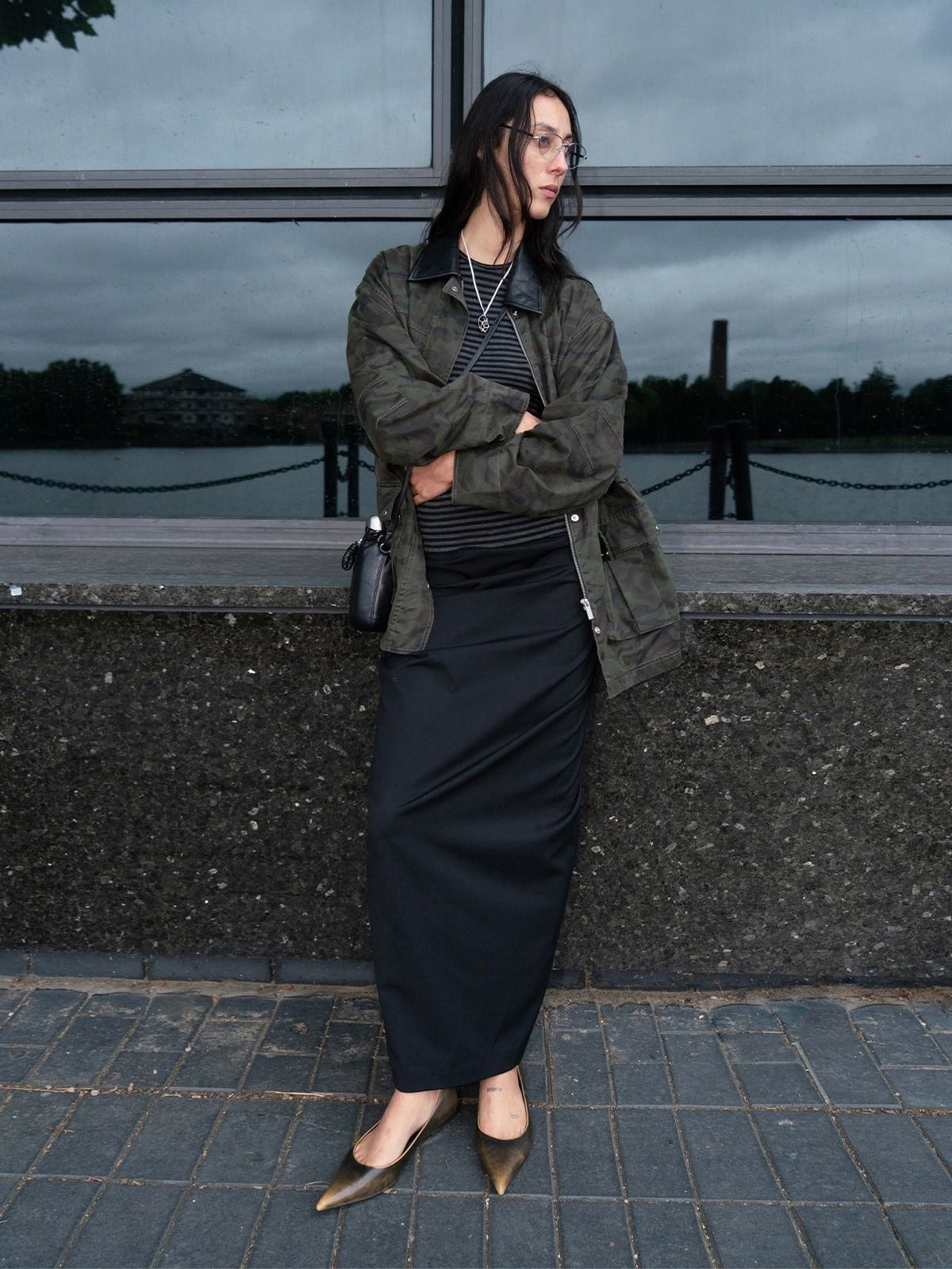 Random Piece Matte Coated Utility Jacket in Army Green - On Female Model