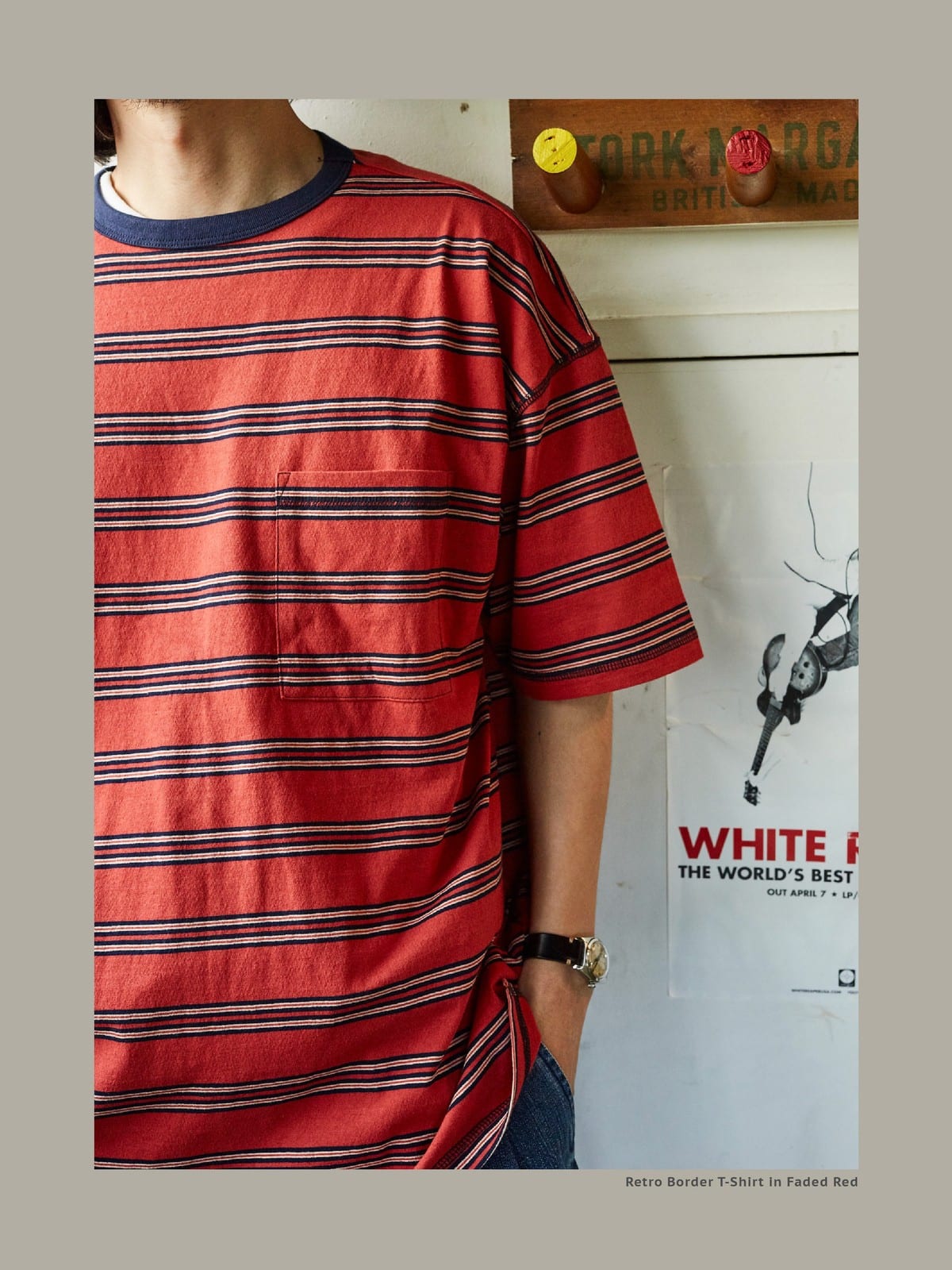 USAGE Retro Striped Cotton T Shirt in Red - On Model