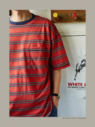 USAGE Retro Striped Cotton T Shirt in Red - On Model