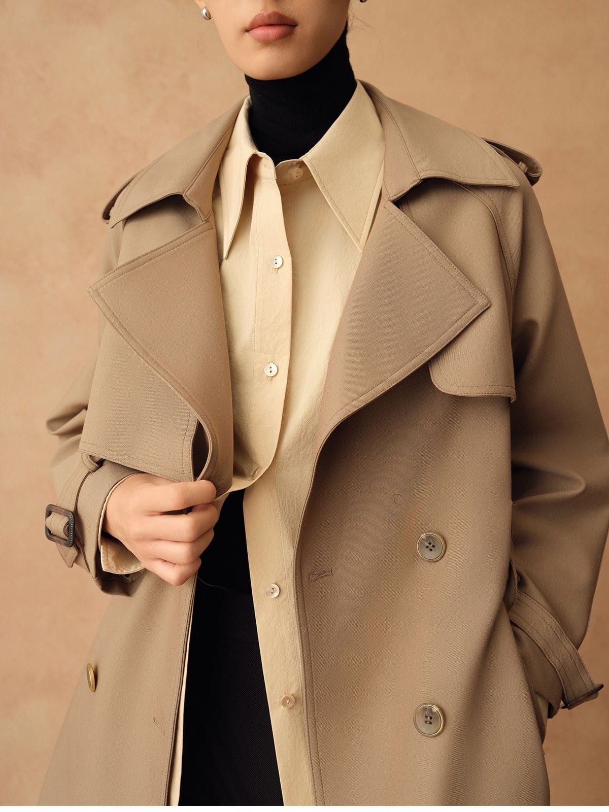TEASEL Double Breasted Belted Trench Coat in Khaki - On Female Model