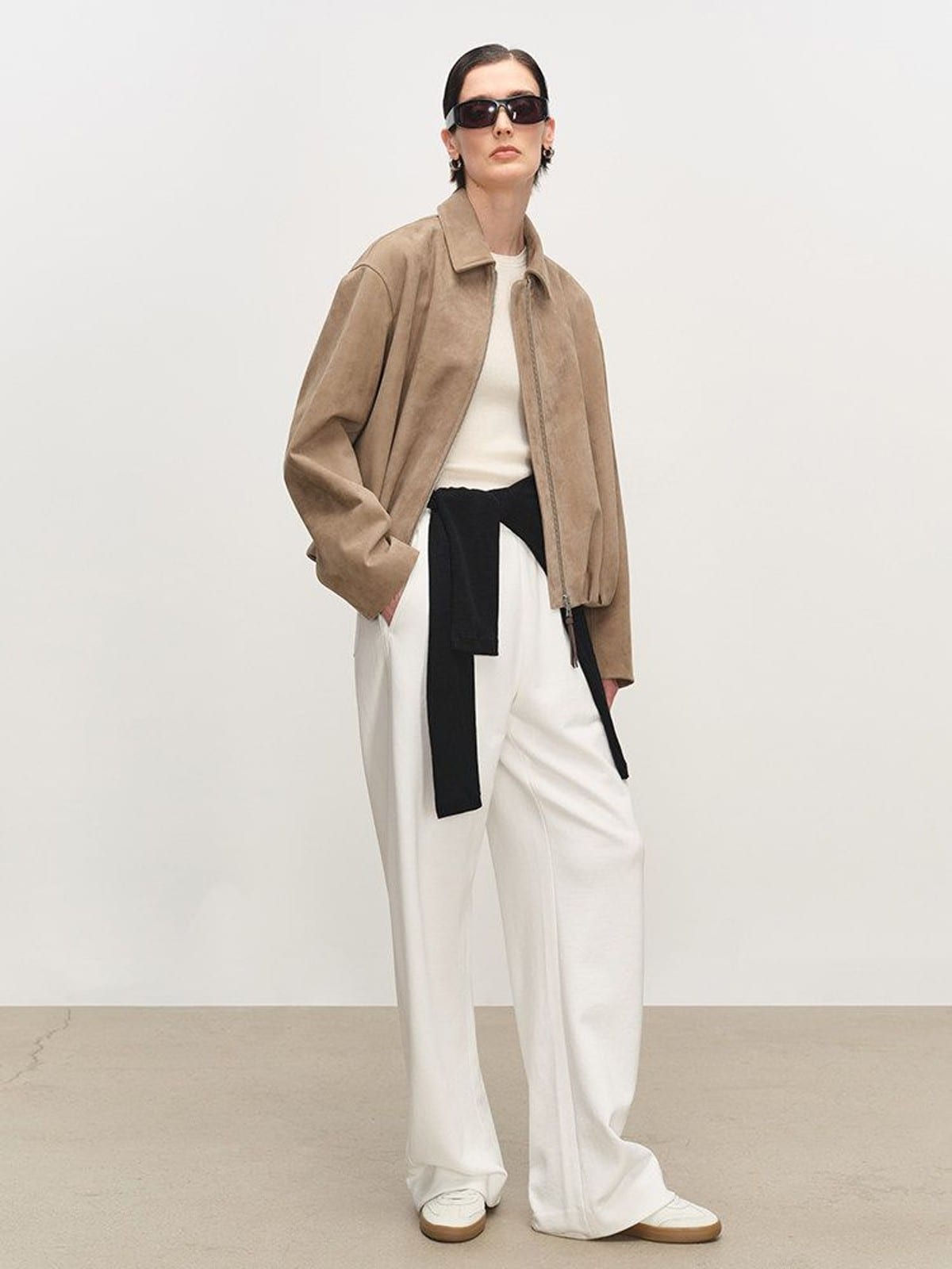 MSBEAST Gathered Hem Sheep Leather Jacket in Beige - On Female Model