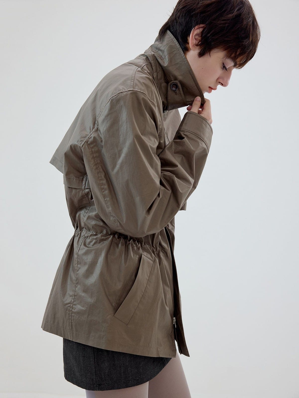SIMPLE PROJECT Coated Drawstring Hunting Jacket in Beige - On Female Model