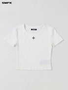 SMFK Ribbed Cotton Blend Cropped T Shirt in White